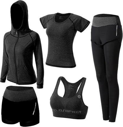 Women'S 5Pcs Sport Suits Fitness Yoga Running Athletic Tracksuits