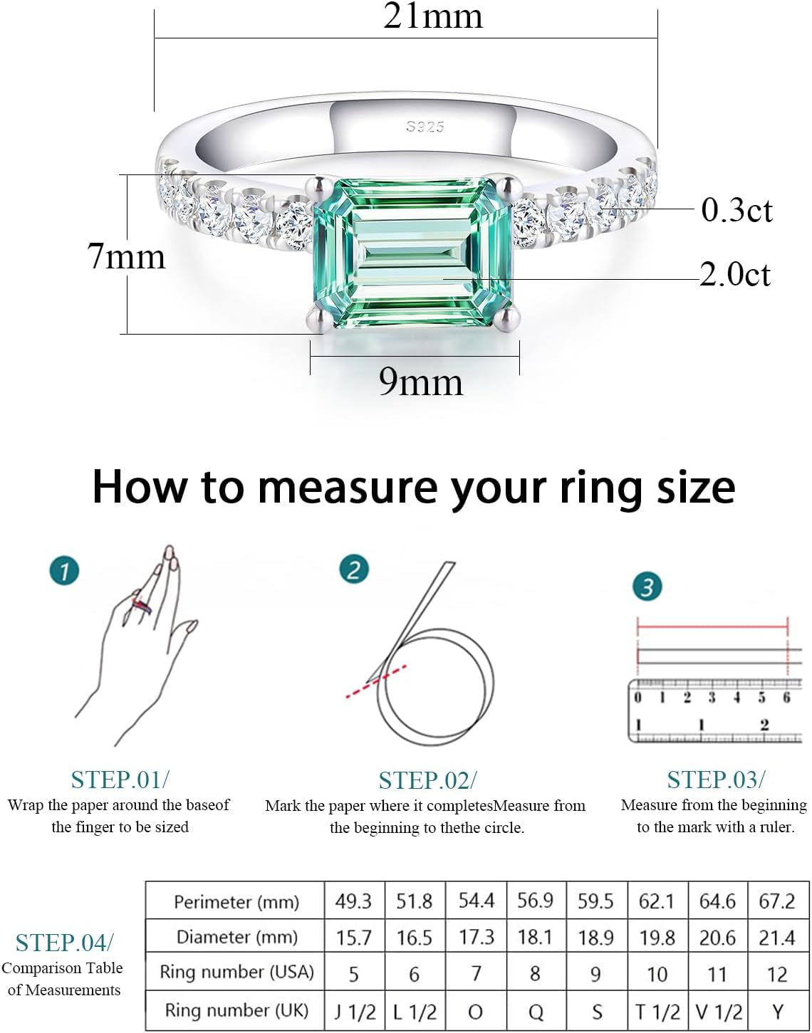 Moissanite Engagement Rings for Women,D Color VVS1 3 Stones Emerald Cut S925 Sterling Silver Plated 18K White Gold Wedding Promise Anniversary Rings for Her
