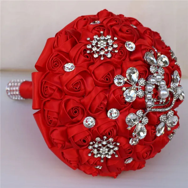 18CM Butterfly Love Diamond Brooch Bridal Bouquet Ribbon Silk Rose Wedding Simulation Flower Bouquet Handmade Bridesmaid Holding Flowers