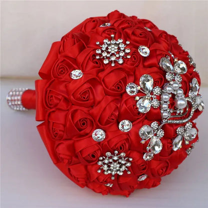18CM Butterfly Love Diamond Brooch Bridal Bouquet Ribbon Silk Rose Wedding Simulation Flower Bouquet Handmade Bridesmaid Holding Flowers