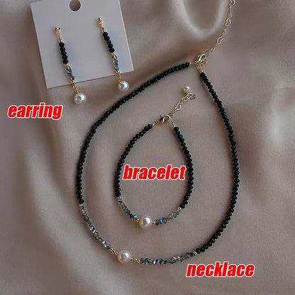 Luxury     Natural Black Spinel Moonstone Pearl Necklace Earring Bracelet Set Creative Women's Gemstone Beaded Thin Bracelet Clavicle Chain Necklace Tassel Stud Earrings Dangle Earrings Sparking Birthday Anniversary Halloween Christmas Jewelry Set Gift