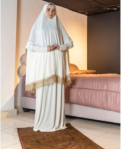 Women'S Prayer Dress 2 Pieces Lycra Solid Color plus Long Sleeve | One-Size | Hijab Abaya Suit