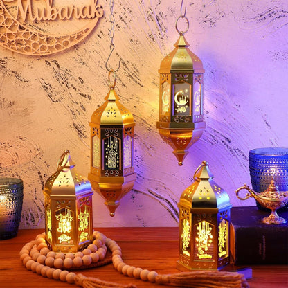 4 Pcs Ramadan Lantern Hanging Hexagon Decorations Ramadan Mubarak Lantern LED Eid Mubarak Lights Kids Gifts for Home Muslim Islam Festival Porch Decor(Electroplated Gold)