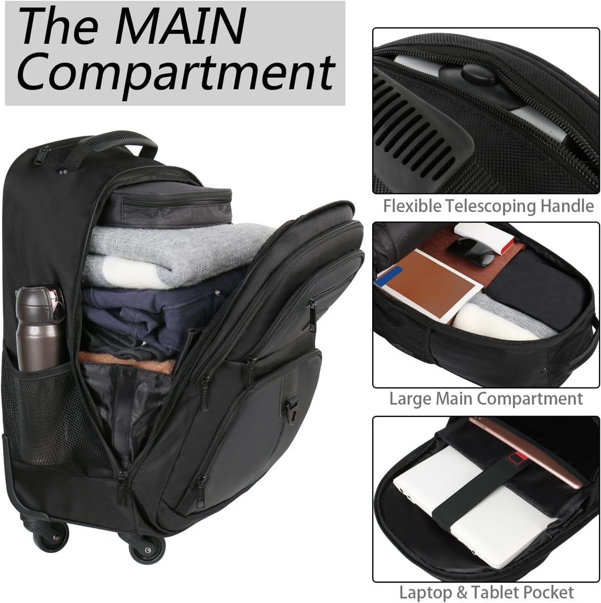 Rolling Backpack with 4 Wheels, 17 Inch Roller Travel Laptop Backpack for Women Men, Large Water Resistant Business Wheeled Bag, Airline Approved Carry on Luggage Suitcase Bag, Black