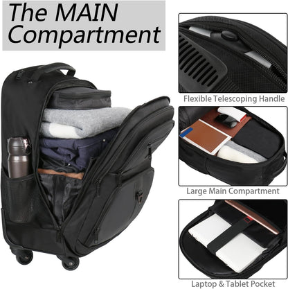 Rolling Backpack with 4 Wheels, 17 Inch Roller Travel Laptop Backpack for Women Men, Large Water Resistant Business Wheeled Bag, Airline Approved Carry on Luggage Suitcase Bag, Black