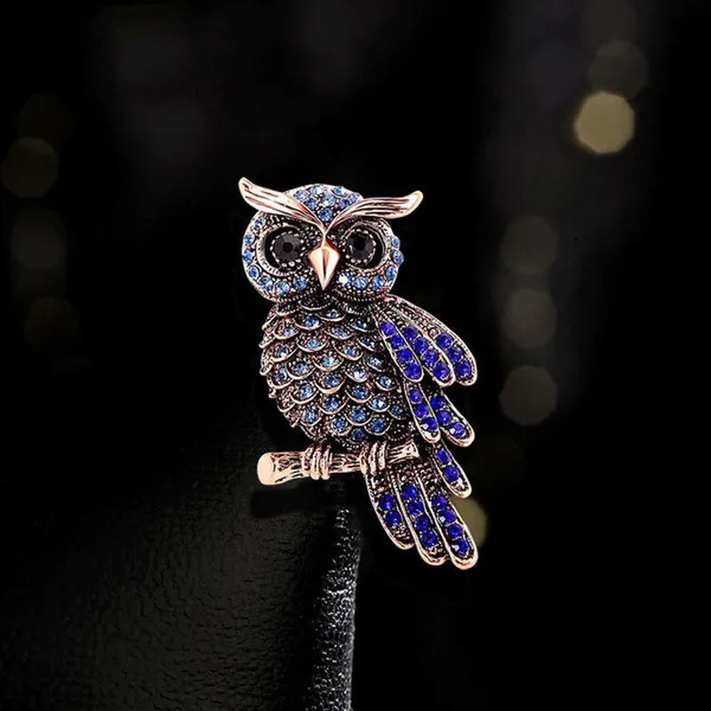 Luxury Diamond Blue Owl Brooch Pin Women's Fashion Clothing Pin Accessories Retro Owl Brooch