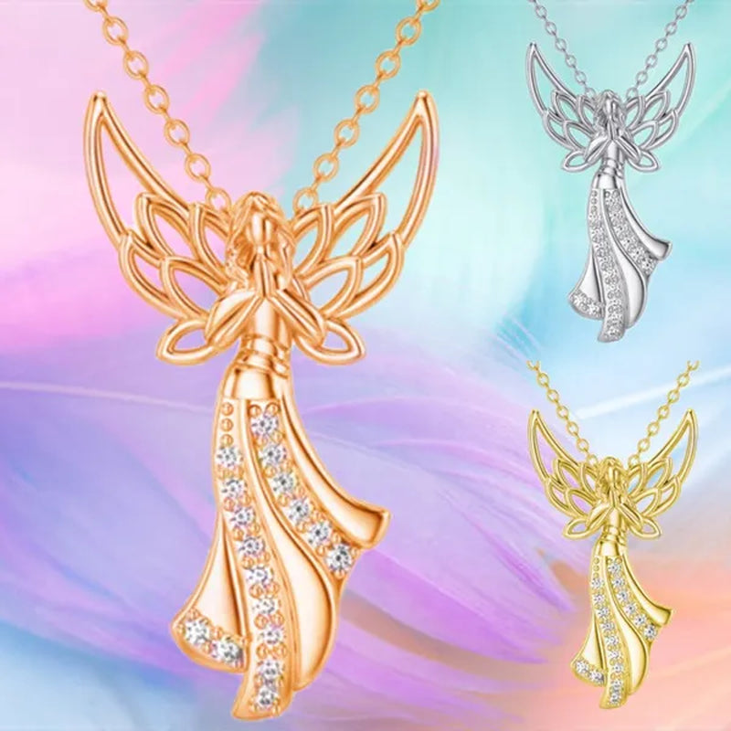 Exquisite Fashion Creative Women Angel Wings Diamond Necklace Holy Faith Angel Princess Pendant Engagement Necklace Women Diamond Jewelry Birthday Party Anniversary Gift Christmas Gift Jewelry Necklace
