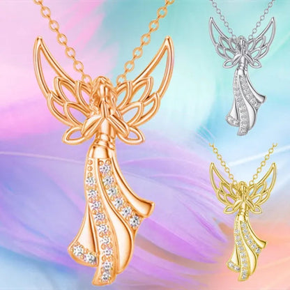 Exquisite Fashion Creative Women Angel Wings Diamond Necklace Holy Faith Angel Princess Pendant Engagement Necklace Women Diamond Jewelry Birthday Party Anniversary Gift Christmas Gift Jewelry Necklace