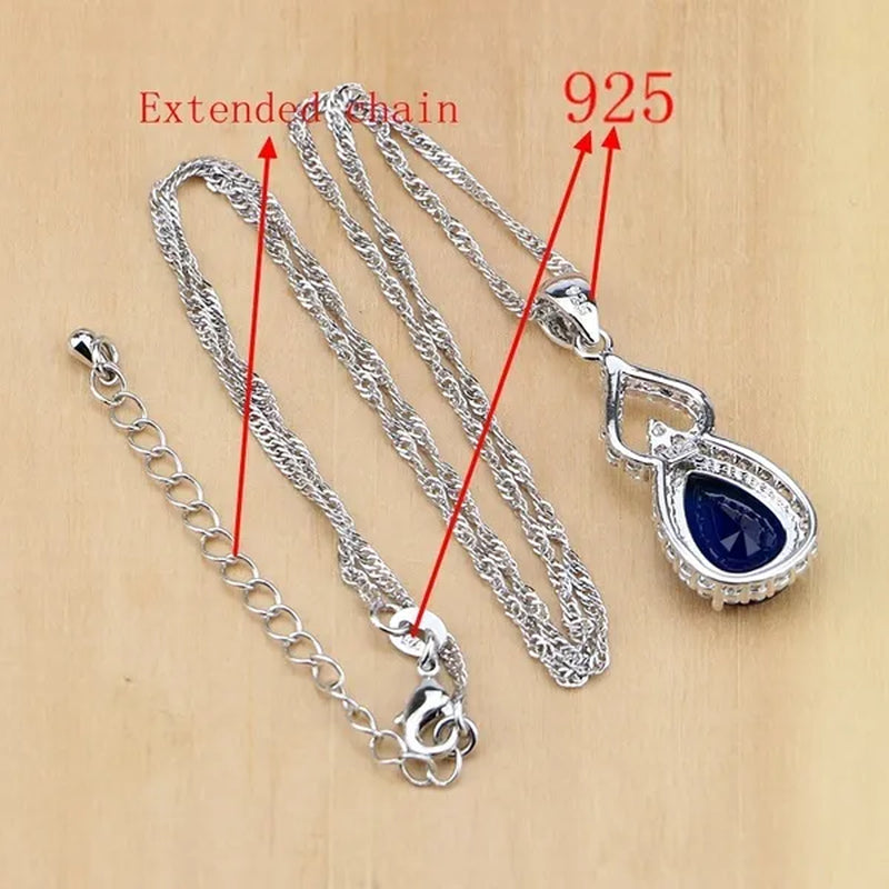 925 Silver Jewelry Sets Blue Sapphire White Topaz Open Rings Earrings Pendant Necklace Bracelet For Bridal  Women