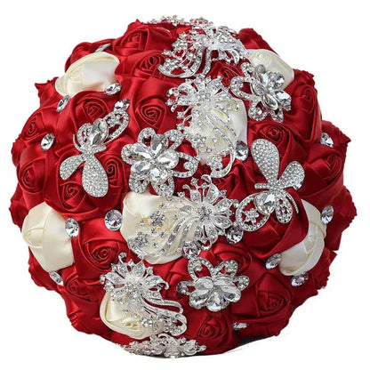 21CM Silver Rhinestone Bridal Hand Flowers Ribbon Wedding Hand Bouquet Mixed Color Silk Rose Diamond Brooch Bridesmaid Bouquet Wedding Supplies