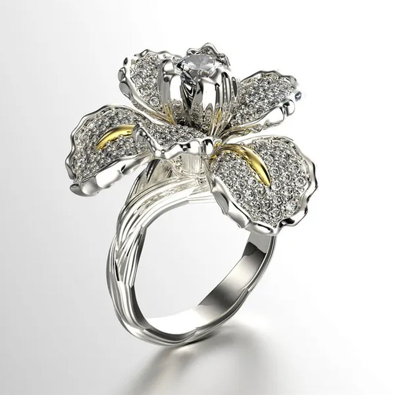 Silver Ring Iris Flower Two Tone Ring Blue Sapphire Flower Engagement Cocktail Ring Statement Crown Ring Natural Gemstones Ring Wedding Bride Engagement Band Charm Party Ring Jewelry
