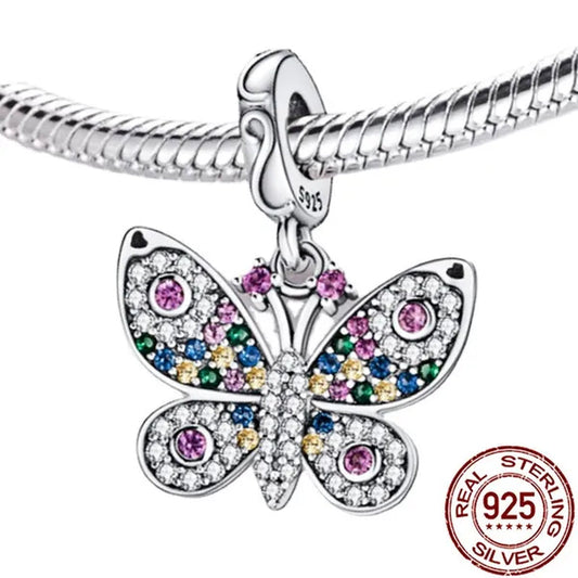 Fashion 925 Sterling Silver Flower Butterfly Pendant Charm Exquisite Colorful Zircon Charm Fit Women Bracelet Necklace DIY