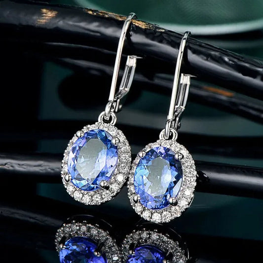 Exquisite 4 Prong Setting Oval Blue Sapphire Side Micro Inlay Diamond Drop Earring for Women Engagement Wedding Jewelry