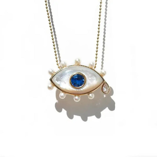 New Fashion Women Sapphire Evil Eye South Sea Moby Pearl & Blue Sapphire & One Pear Shape Rose Cut Diamond Weighs 0.28ct (F/VS) Necklace Bead Chain Necklace Wedding Engagement Gift Jewelry