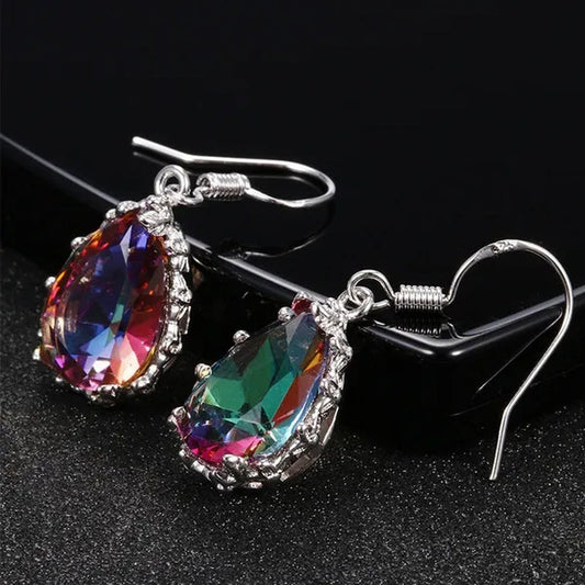 925 Sterling Silver 10 * 14 Mystic Rainbow Topaz Gemstone Hook Earrings