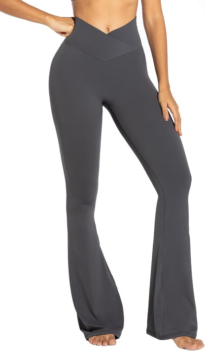 Womens Flare Leggings No Front Seam Flare Yoga Pants with Tummy Control Crossover High Waist and Wide Leg