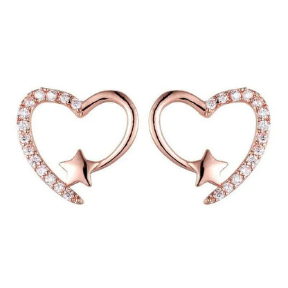 14K  Gold Love Heart Star White Zircon Stud Earrings for Women Wedding Engagement Bride Jewelry Gift