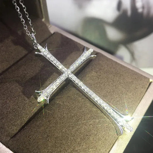 925 Sterling Silver Religious Cross Long Pendant Necklace Moissanite Charm Necklace for Women Fashion Necklace Unisex Party Banquet Fine Jewelry Personality Valentine Gift