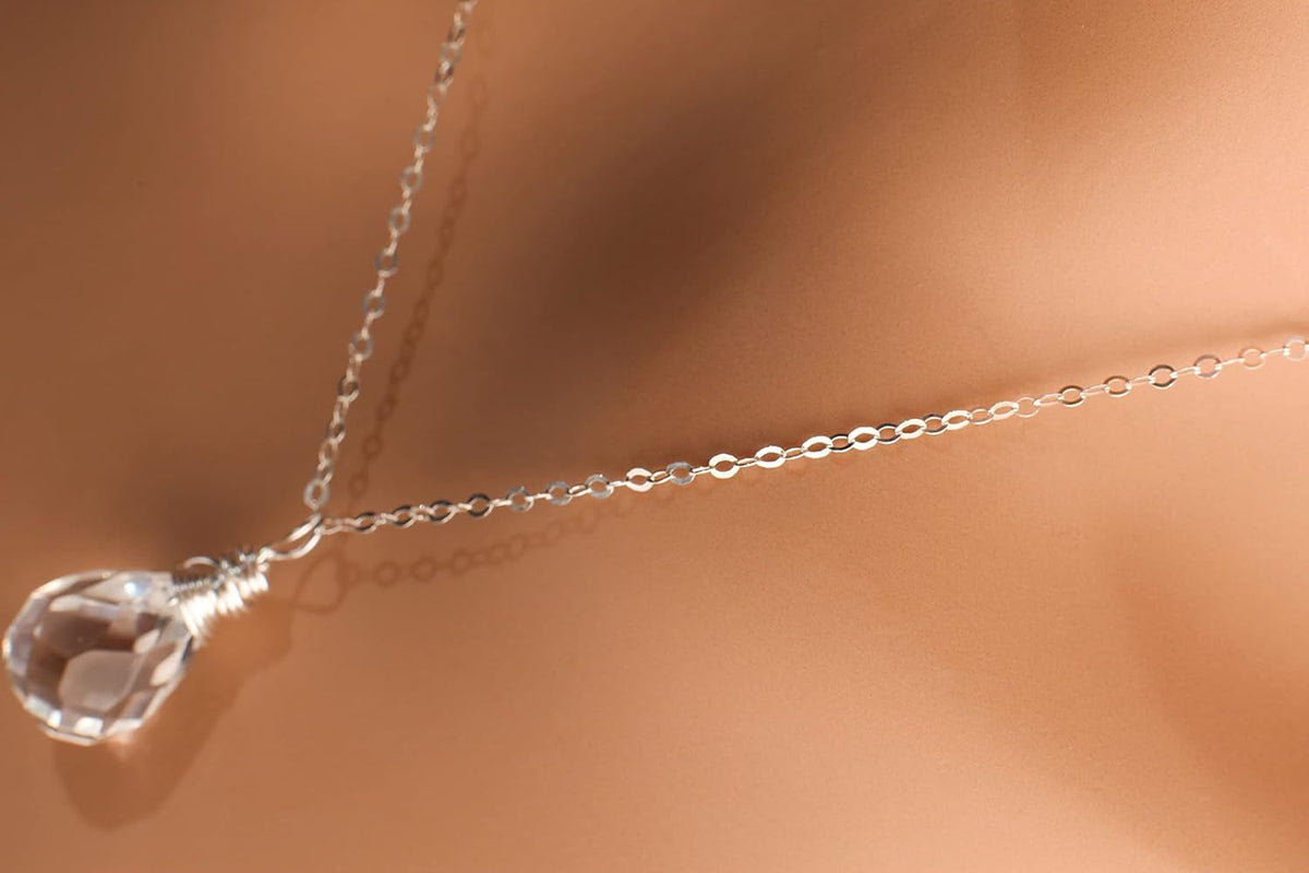 Clear Rock Crystal Quartz 12X17Mm Faceted Briolette Drop Wire Wrapped Gemstone Pendant Necklace in 925 Sterling Silver Chain and Clasp (24")