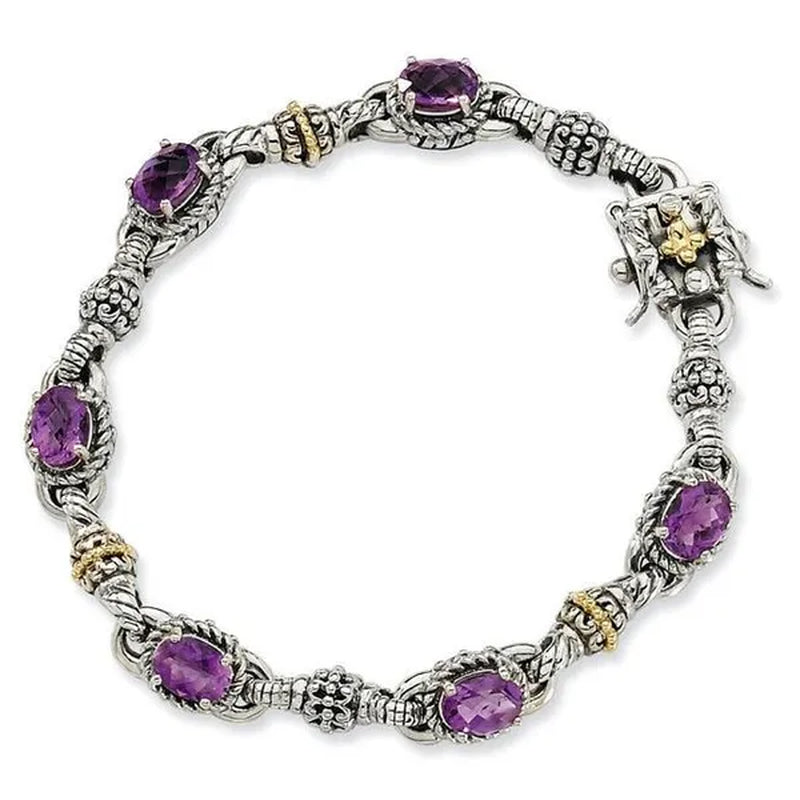 Shey Couture QTC406 Sterling Silver with 14K Yellow Gold Amethyst Bracelet - Polished & Antiqued