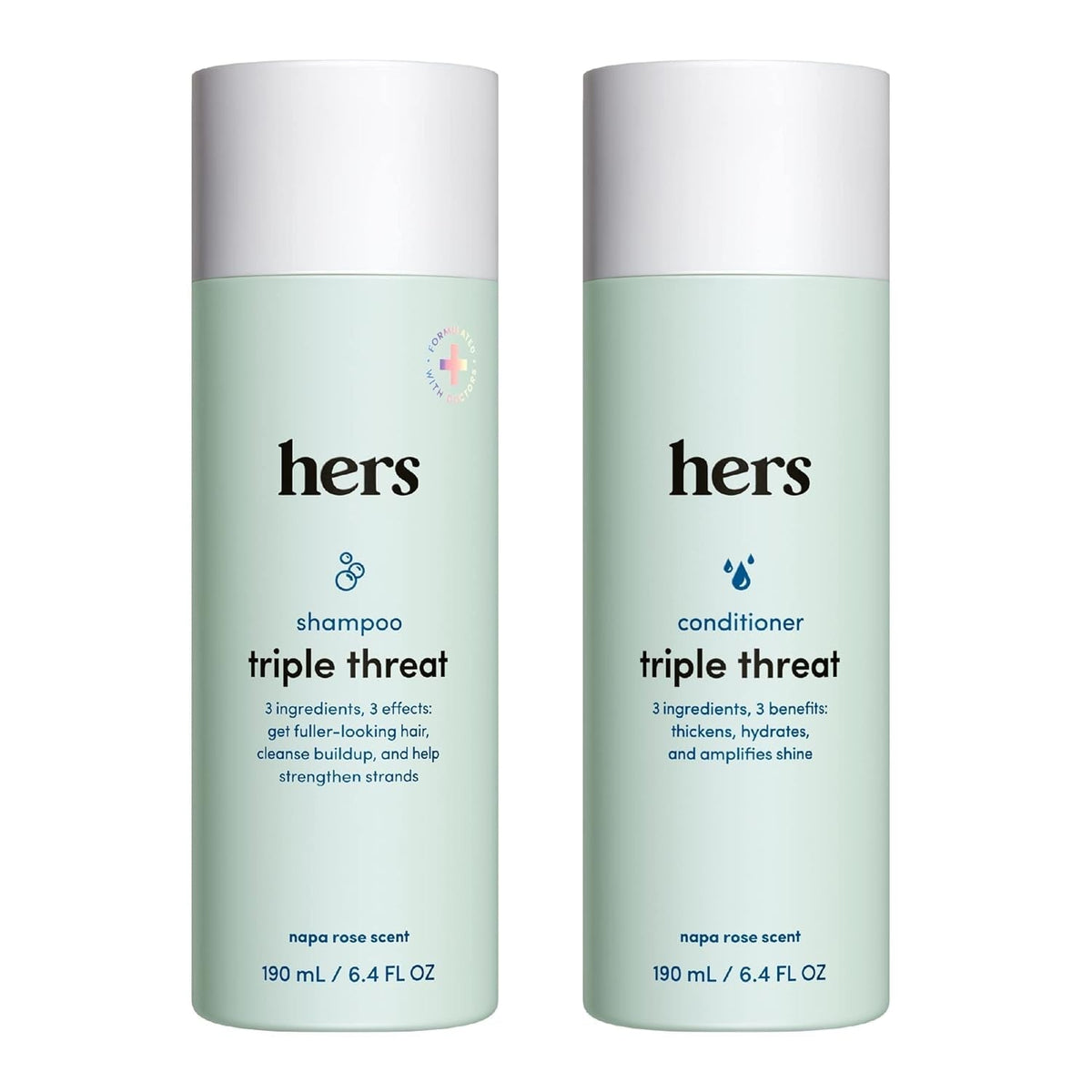 Hers Triple Threat Shampoo and Conditioner Set for Women - Thickening, Moisturizing, Reduces Shedding - Color Safe Hair Loss Shampoo and Conditioner - Napa Rose - 2 X 6.4 Fl Oz