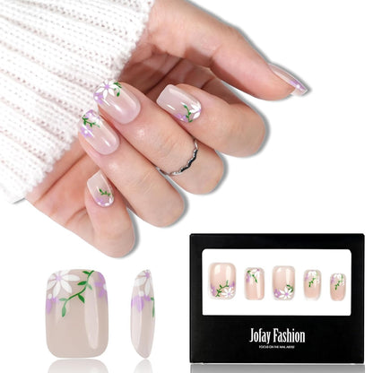 White Press on Nails Short,  Square Solid Color Fake Nails with Glue, Reusable & Natural Acrylic False Nails Stick on Nails for Women Girls Gift, Gel Nail Kit, 24pcs