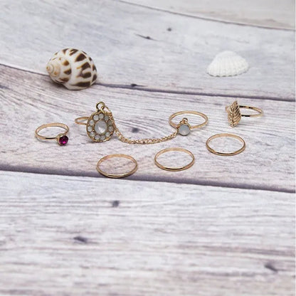 7Pcs Fashion Elegant Retro Inlaid Ruby Chain Ring Set(Color: Gold)