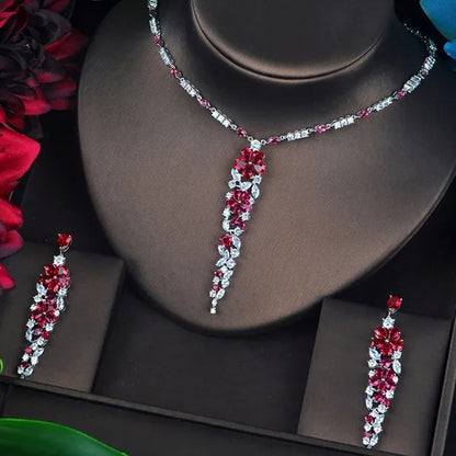Gloriya Luxury White Gold Plating Blue CZ Flower Jewelry Bridal Wedding Long Pendant Necklace Earrings Set for Brides