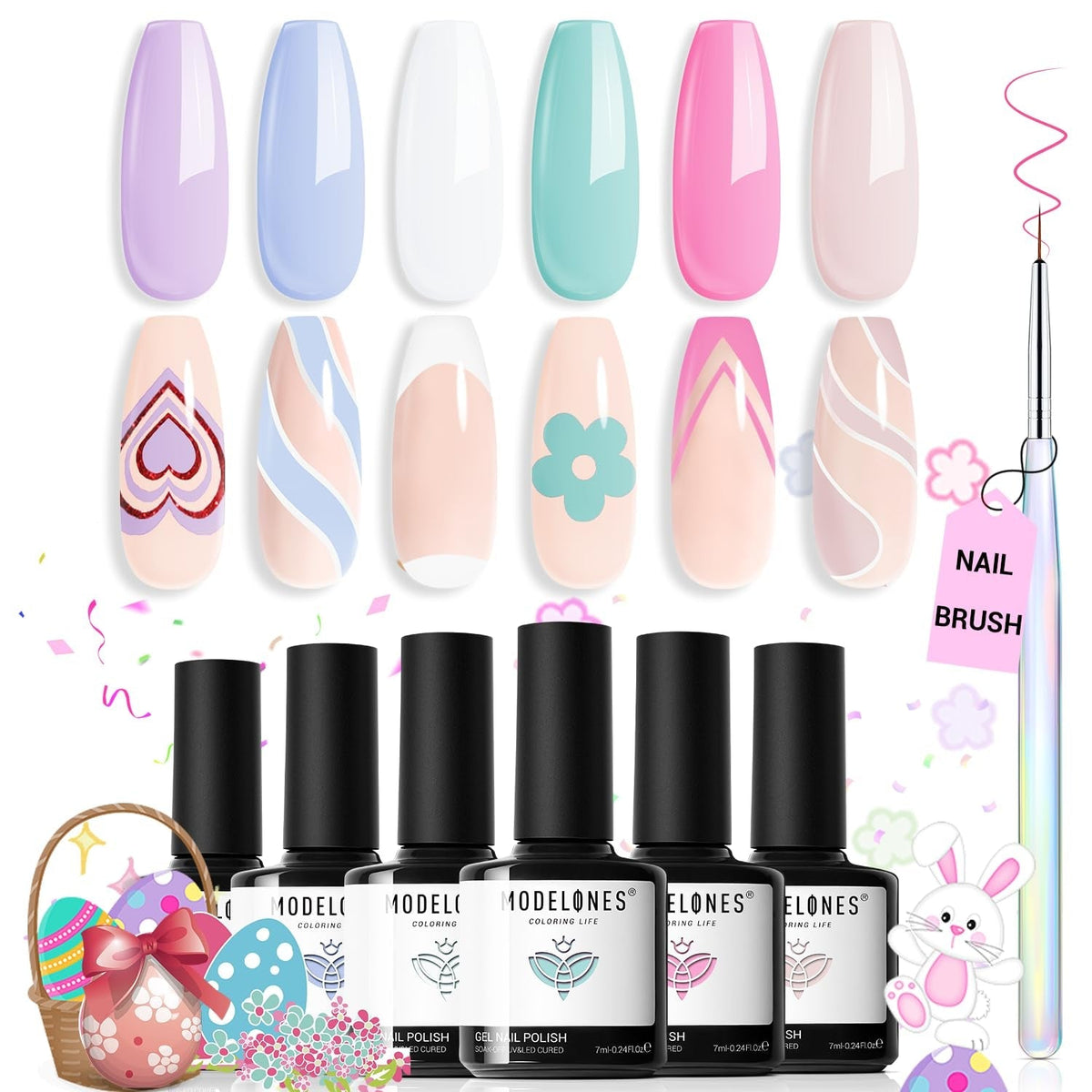 Gel Nail Polish Set, 6 Colors Easter Pastel Gel Polish Set with Nail Art Liner Brush, Soft Pink White Light Purple Blue Green Nude Spring Painting Nail Gel Polish Kit Mani DIY Salon Gifts