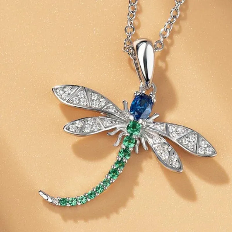 Personality Fashion Micro Pave Diamond Gemstone Insect Dragonfly Pendant Necklace for Women Daily Casual Cute Accessories