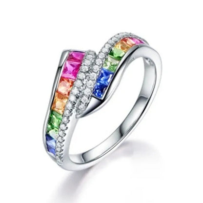 Classic Silver color Ring Rainbow Square Zircon Diamond Rings for Women Beauty Engagement & Wedding Temperament Jewelry Rings Size 6/7/8/9/10 Bague Femme