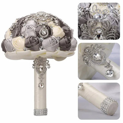 21CM Shiny Silver Rhinestone Brooch Bridal Bouquet Handmade Silk Rose Ribbon Diamond Wedding Flower Bouquet Bridesmaid Holding Flowers