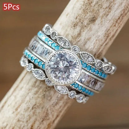 5Pcs/Set Exquisite Design Glamour Woman Fashion Jewelry Elegant Natural White Sapphire Diamond Turquoise Ring Wedding Engagement Anniversary Ring Size US4-11