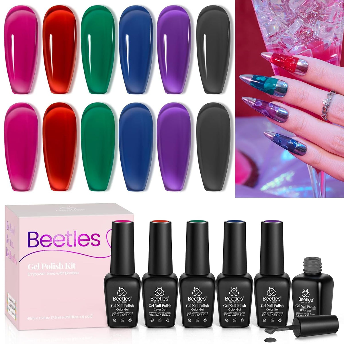 Beetles Gel Nail Polish Set, 6 Colors Jelly Gel Polish Nude Pink Gel Neutral Nail Art Design Translucent Gel Nail Kits Soak Off Uv Nail Lamp Cured Nail Manicure DIY Home for Women