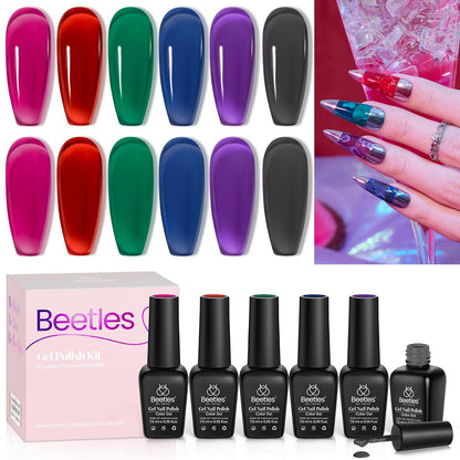 Beetles Gel Nail Polish Set, 6 Colors Jelly Gel Polish Nude Pink Gel Neutral Nail Art Design Translucent Gel Nail Kits Soak Off Uv Nail Lamp Cured Nail Manicure DIY Home for Women