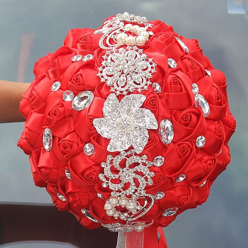 24CM Customized Silk Rose Wedding Bouquet Sapphire blue Artificial Flowers Wedding Bridal Bouquet Luxury Crystal Pearl Brooch Bridesmaid Bride Holding Flowers