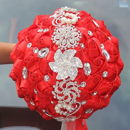 24CM Customized Silk Rose Wedding Bouquet Sapphire blue Artificial Flowers Wedding Bridal Bouquet Luxury Crystal Pearl Brooch Bridesmaid Bride Holding Flowers