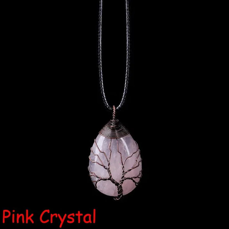 Vintage Natural Gemtone Crystal Amethyst Rose Quartz Tiger Eye Stone Water Drop Tree of Life Pendant Necklace for Women Men Jewelry