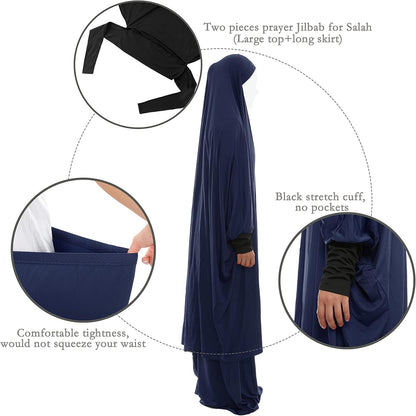 Women Muslim Prayer Dress Islamic Jilbab Eid Formal Gown 2-Piece Prayer Set