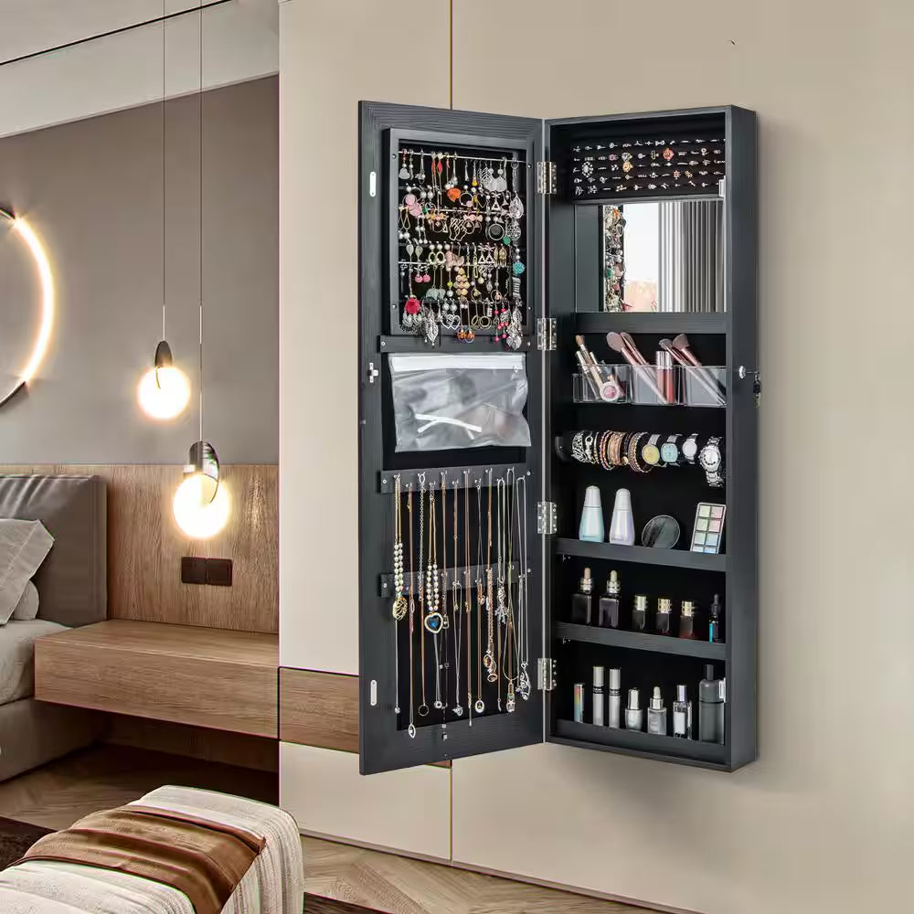 Door Wall Mount Touch Screen LED Light Mirrored Jewelry Box Cabinet Storage Lockable