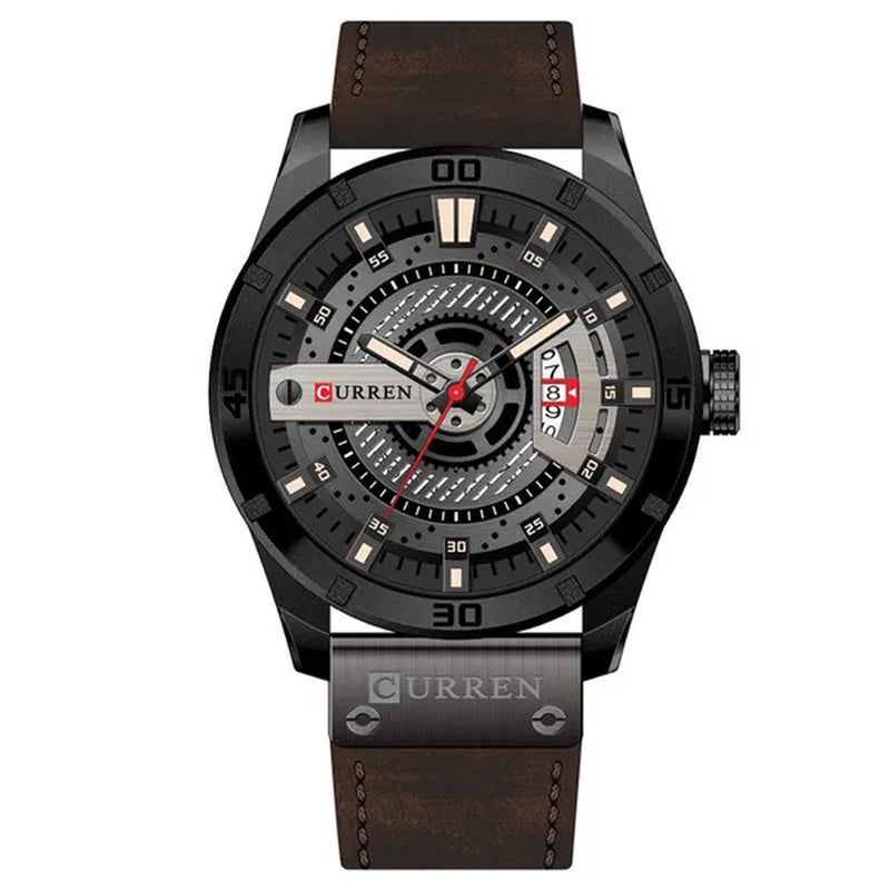 CURREN Men Watch Army Military Sports Watches Black Case Leather Strap Waterproof Date Function