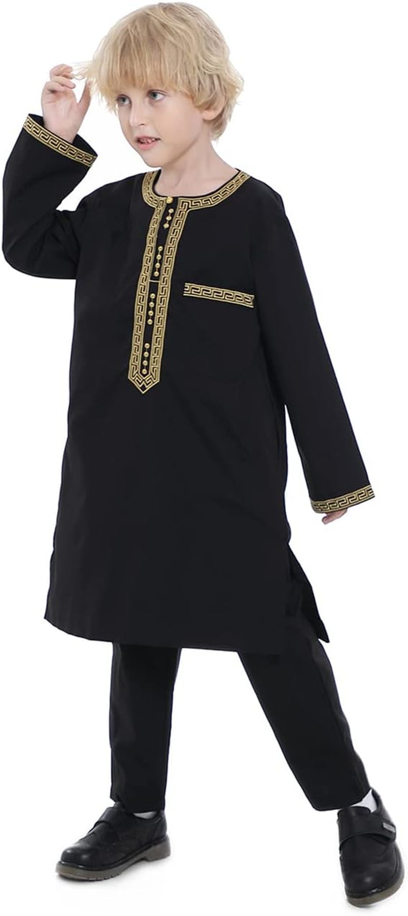 Boy'S Muslim Clothing Kaftan Set - Middle East Youth Embroidered Robe Suit round Neck Islamic Dress Arabic Wear