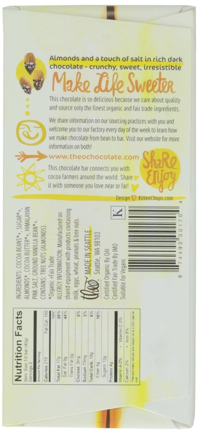 Salted Almond Organic Dark Chocolate Bar, 70% Cacao, 1 Bar | Vegan, Fair Trade