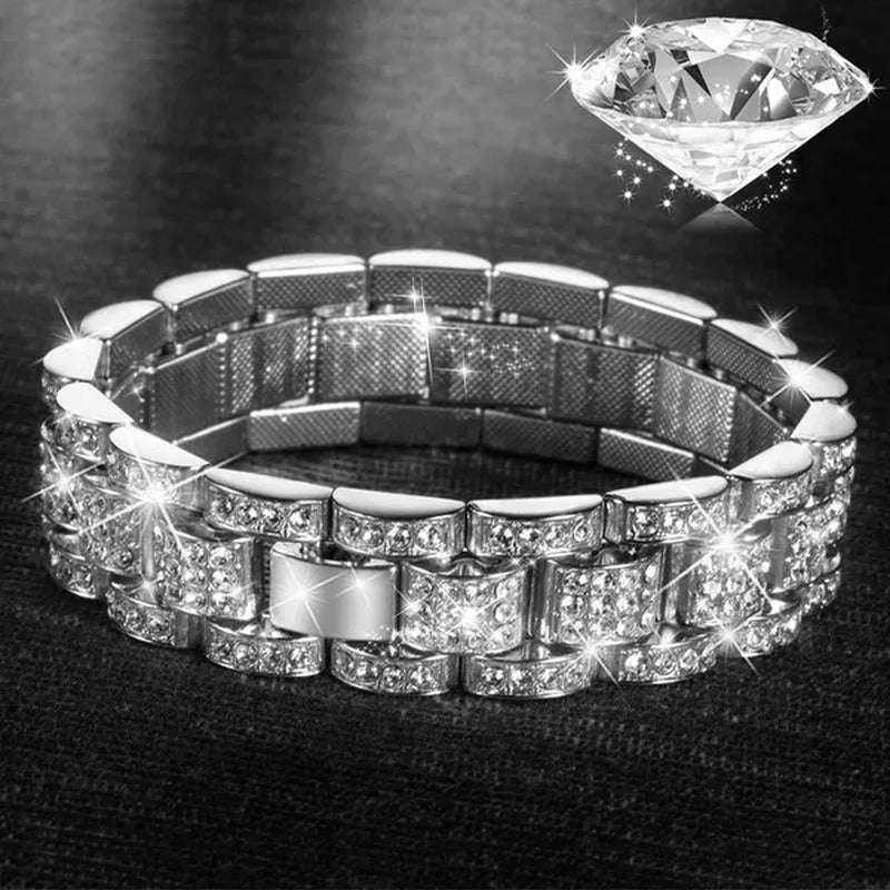 Fashion Men 24K Gold / 925 Silver Plated Solid Stainless Steel Bracelet Iced Diamond Link Chain Bracelet 8.26 Inch Gifts for Men