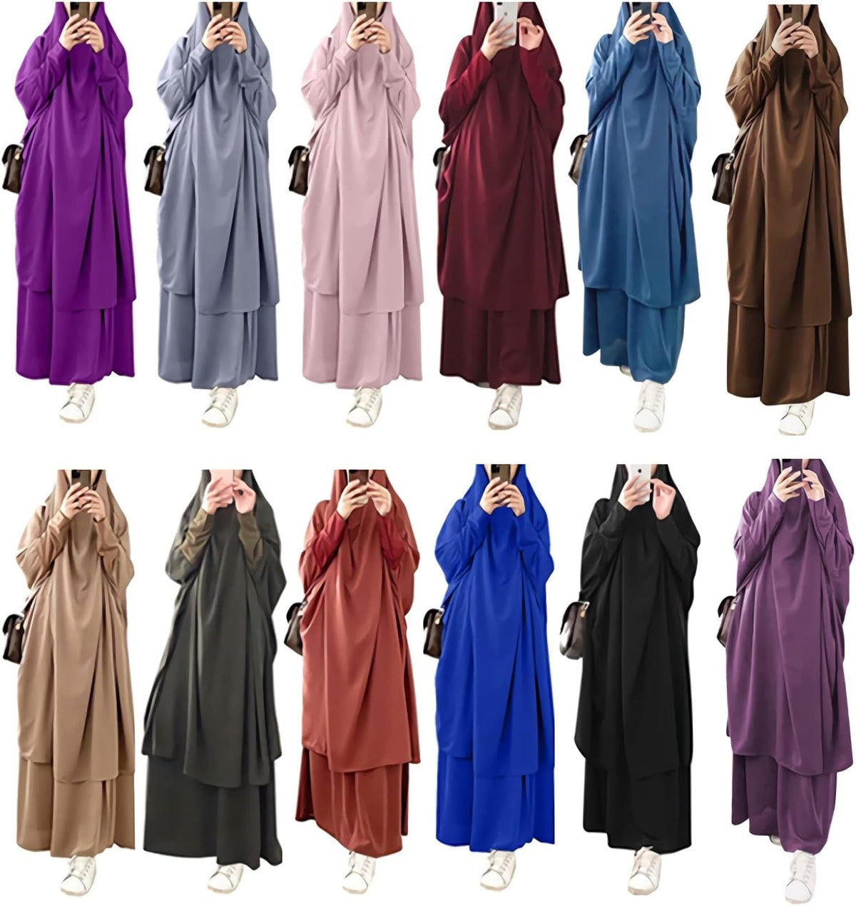 Womens Muslim Abaya Solid 2 Piece Prayer Dress Islamic Maxi Kaftan with Hijab Dubai Full Length Dress