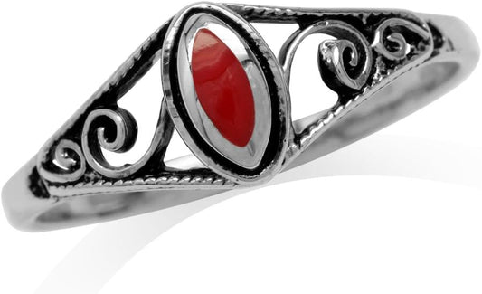 Petite Created Red Coral Inlay 925 Sterling Silver Filigree Swirl and Spiral Style Ring Size 5