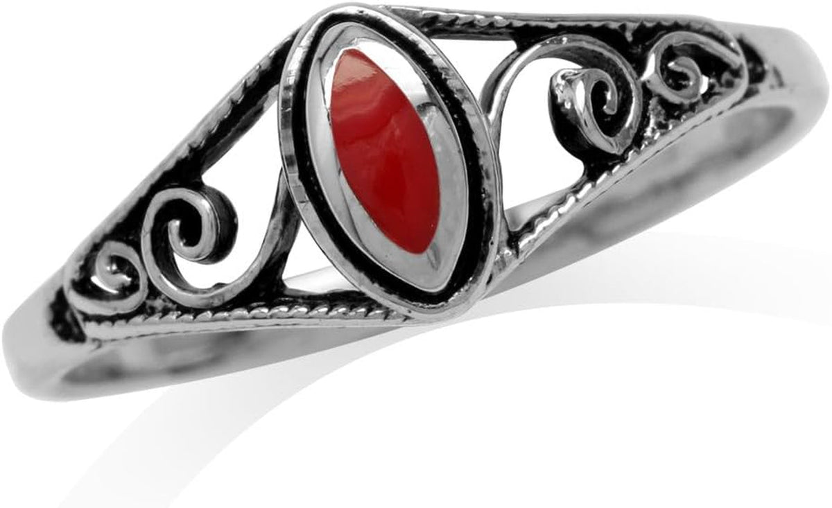 Petite Created Red Coral Inlay 925 Sterling Silver Filigree Swirl and Spiral Style Ring Size 5