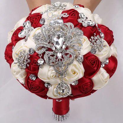 21CM Shiny Silver Rhinestone Brooch Bridal Bouquet Handmade Silk Rose Ribbon Diamond Wedding Flower Bouquet Bridesmaid Holding Flowers
