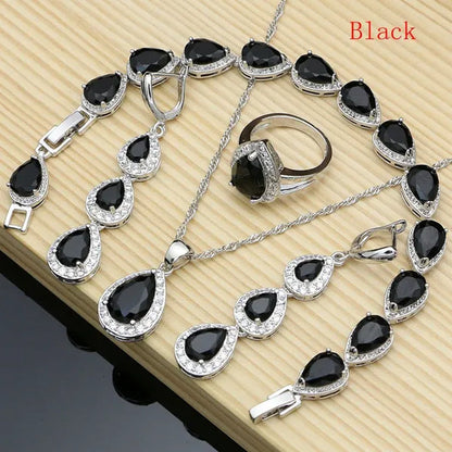 Water Drop 925 Sterling Silver Jewelry Red Ruby White Topaz Jewelry Sets Women Earrings/Pendant/Necklace/Rings/Bracelet