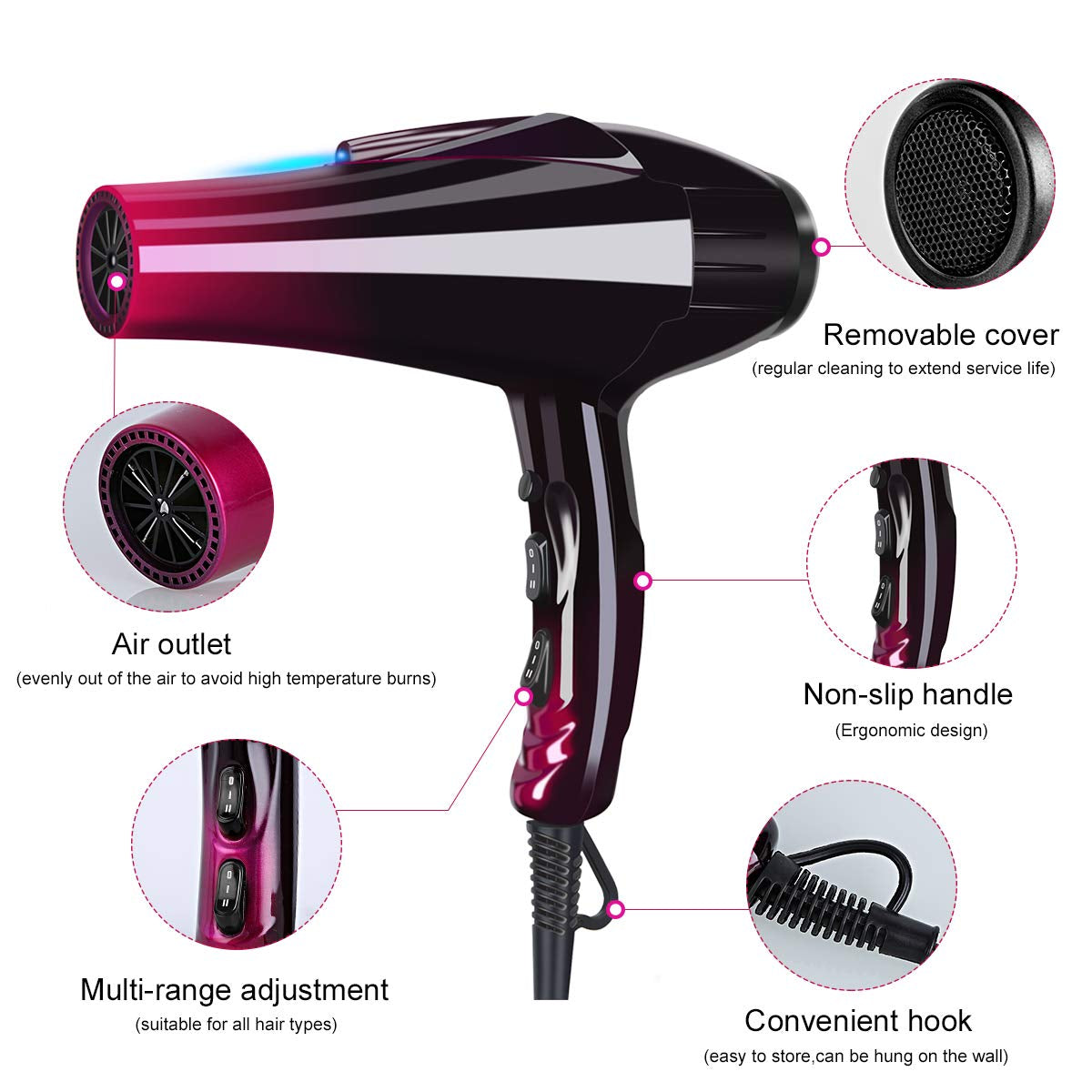 Professional Hair Dryer with Blue Light Far Infrared Negative Ionic 3500W Blow Dryer Fast Drying Heat Hairdryer Powerful Home Salon Hair Dryers with Attachment